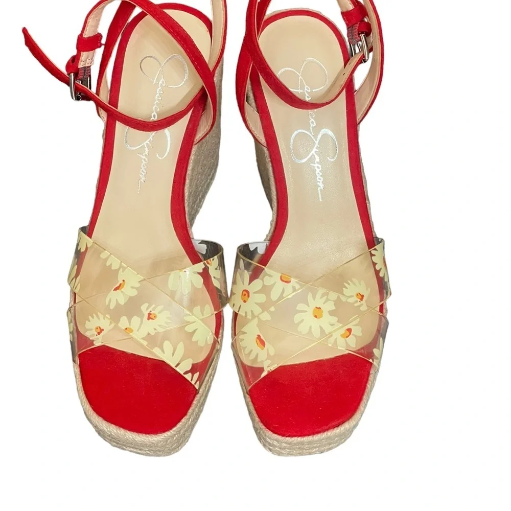 Jessica Simpson Semie Floral Jelly‎ Strap Espadrille Wedge Sandal Womens 7M Red